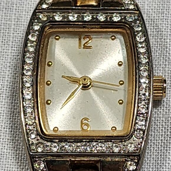 Vintage George Women's Rectangular Face Watch Silver Gold Tone Band Rhinestones - Picture 3 of 16